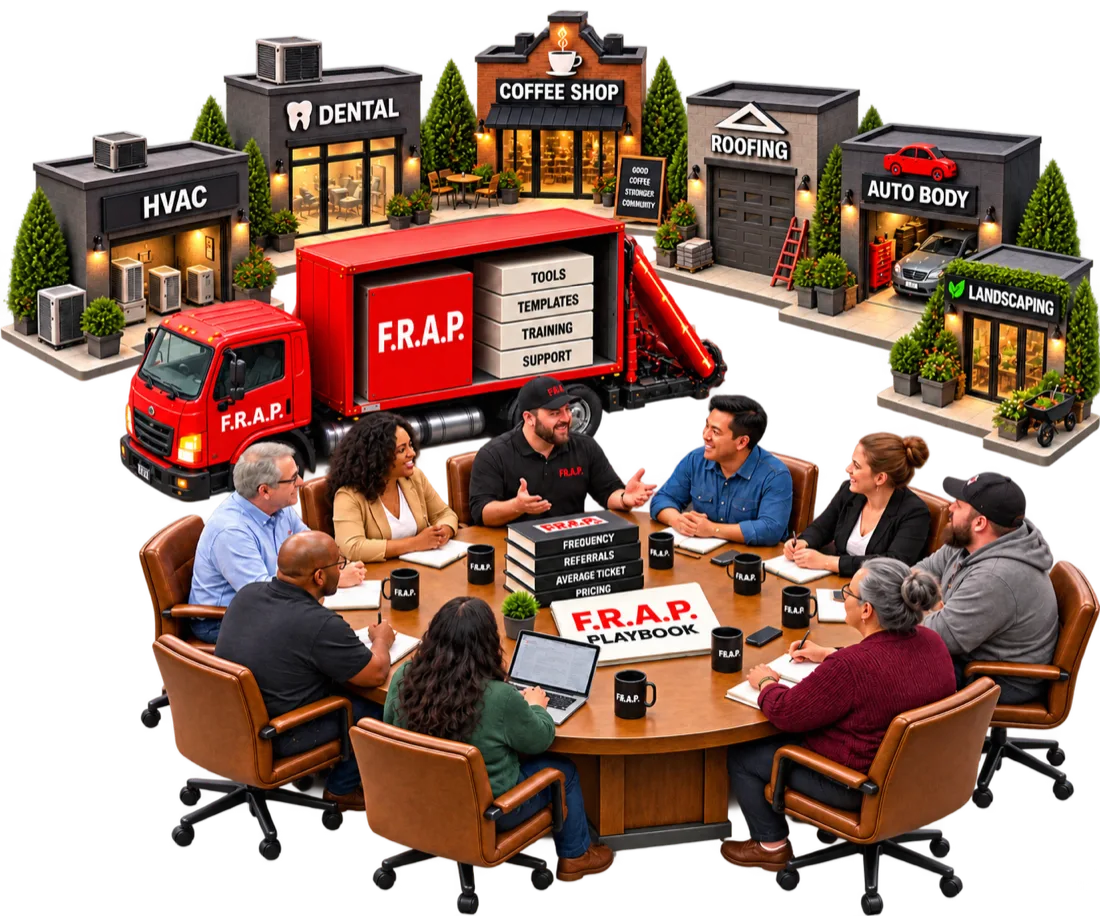 Eleven local business owners around a round table with notebooks, F.R.A.P. mugs and a stack of Playbook binders marked Frequency, Referrals, Average Ticket and Pricing, with a red F.R.A.P. delivery truck of tools, templates, training and support behind them and the storefronts they run: HVAC, dental, coffee shop, roofing, auto body, landscaping.