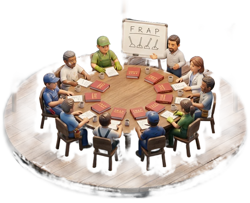 A F.R.A.P. Chapter table: ten local business owners around one round table with notebooks and coffee, one standing at a small whiteboard that shows F R A P above four levers, red F.R.A.P. Playbook binders on the table.