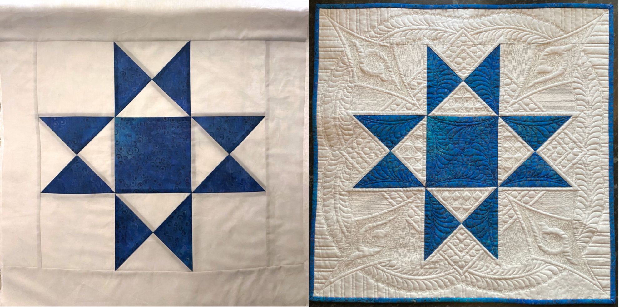 En liten quilt- blå stjerne på hvot bakgrunn - før og etter quilting