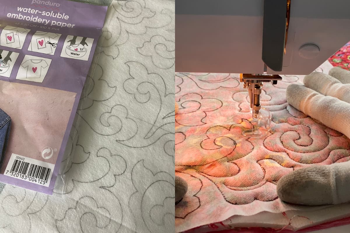 To delt bilde. Til venstre vannløselig vlieseline med påtegnet mønster, til høyre prosessbilde med quilting på symaskin