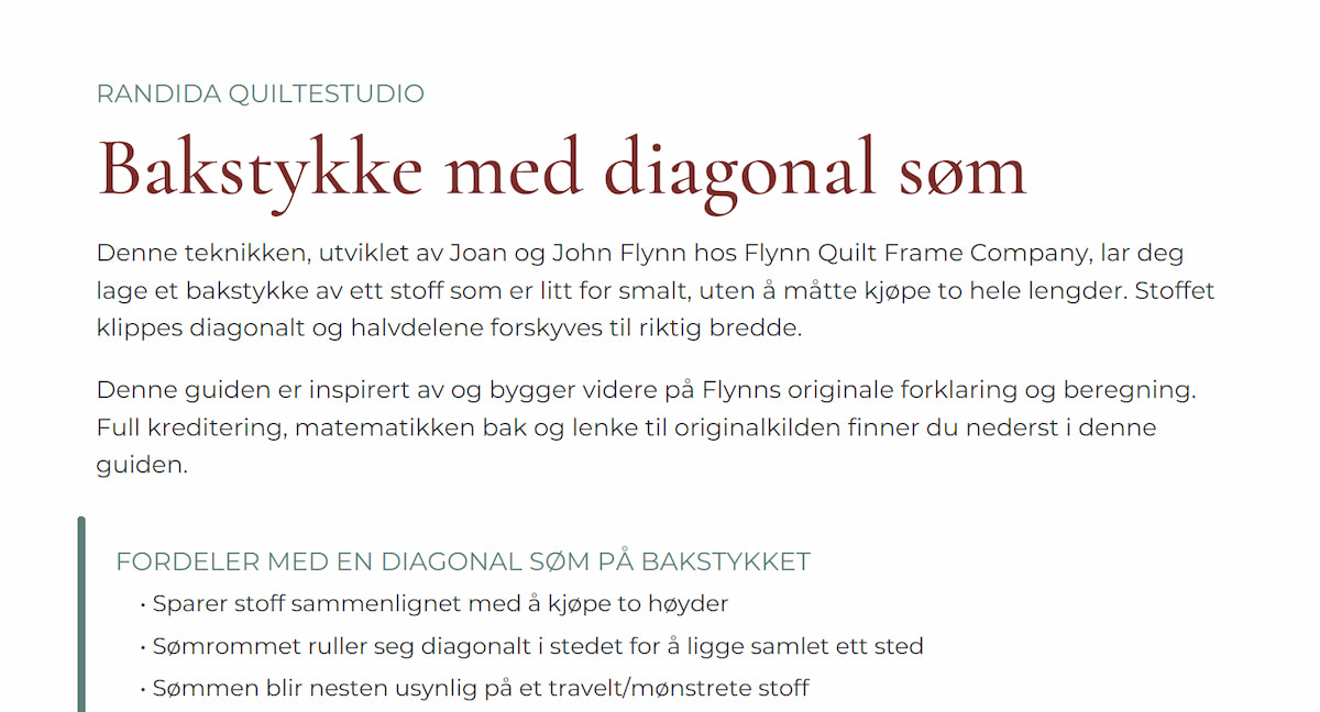 Skjermbilde av en nettbasert guide for å sy et bakstykke med diagonal søm