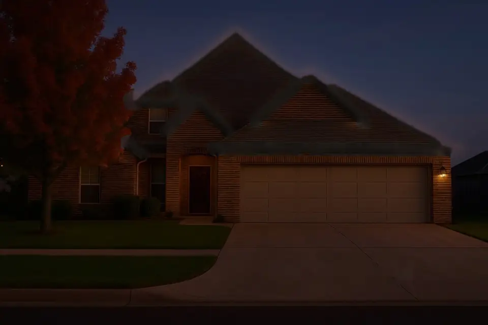Home at night before Christmas lights