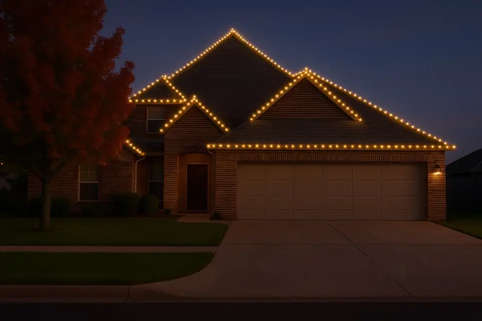 Same home with warm white Christmas lights installed