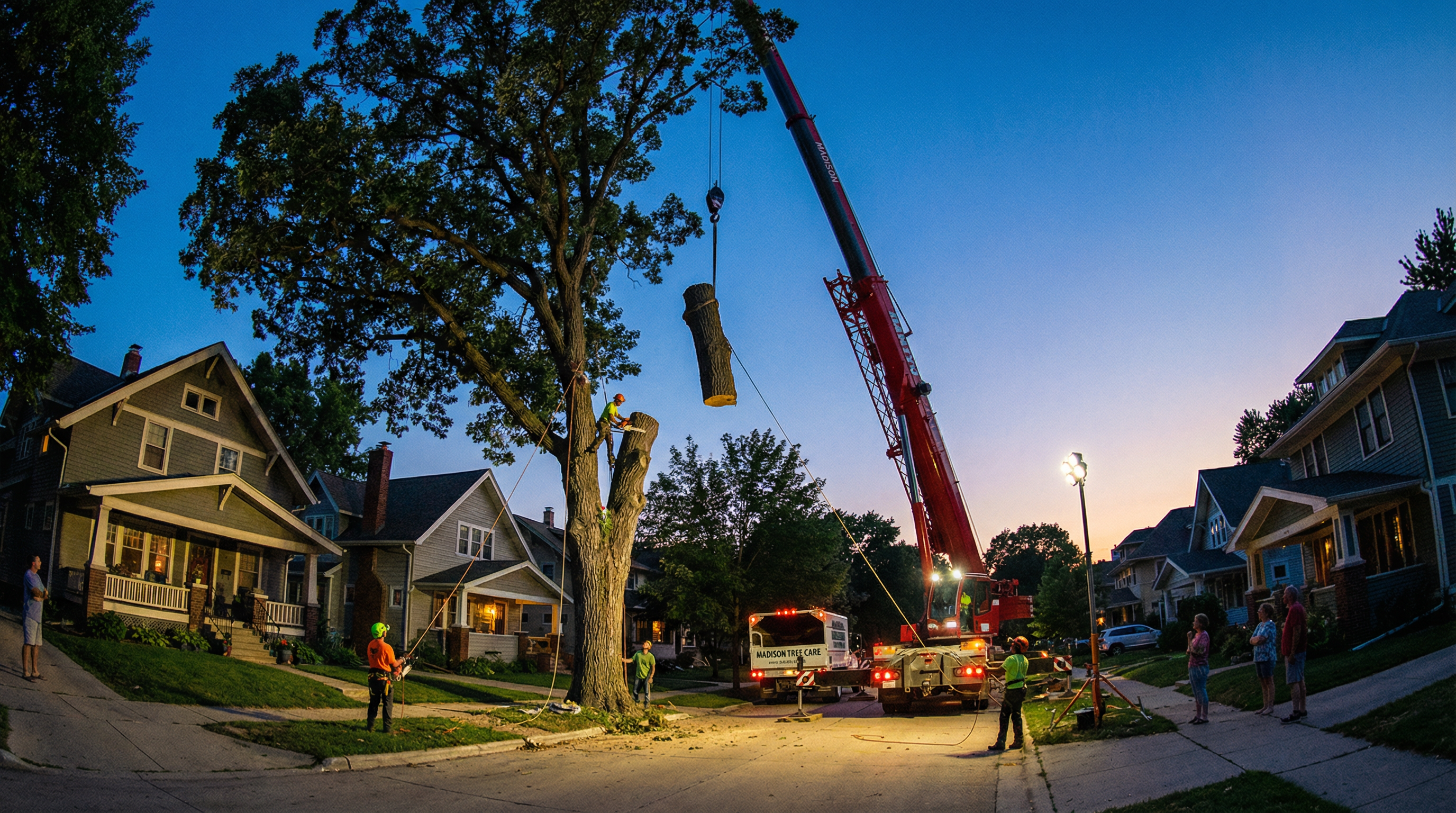 Large oak or maple tree being professionally removed with crane in Madison residential neighborhood