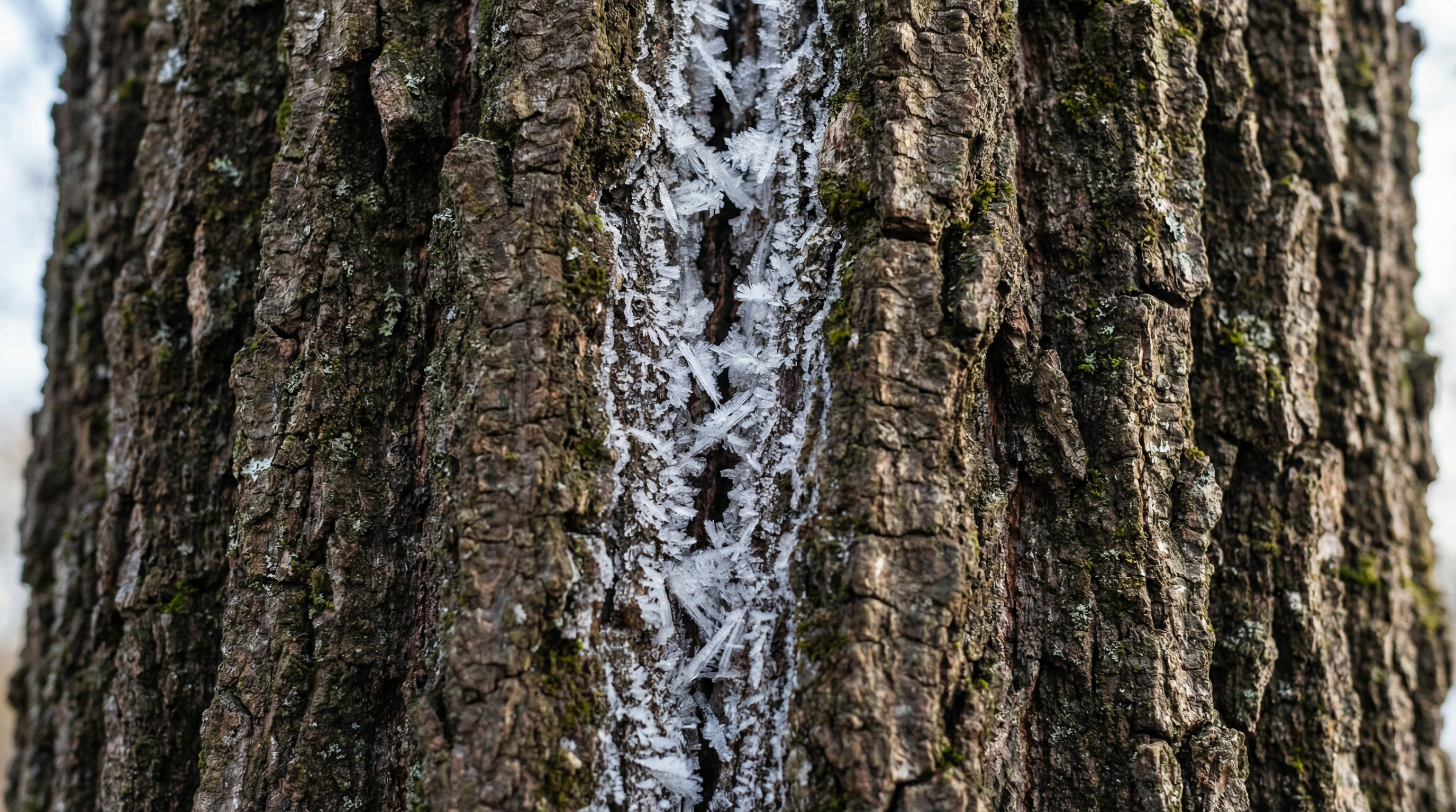 Close-up of a vertical crack running down an oak tree trunk with frost visible in the crack