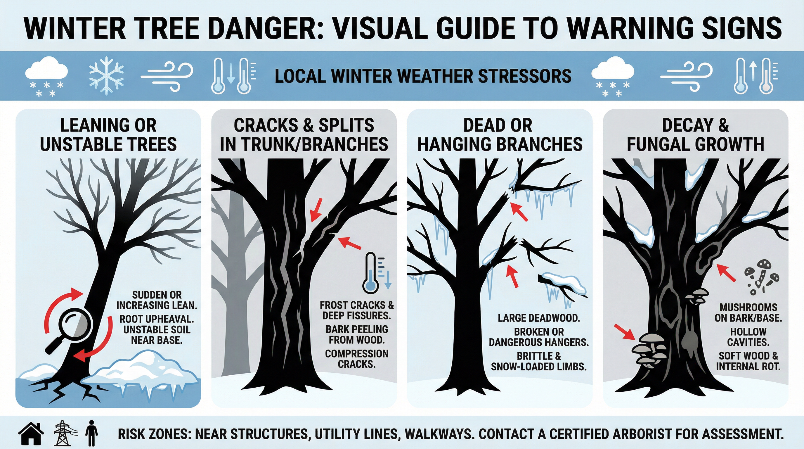 Visual guide showing warning signs of dangerous winter tree damage with Verona landmarks