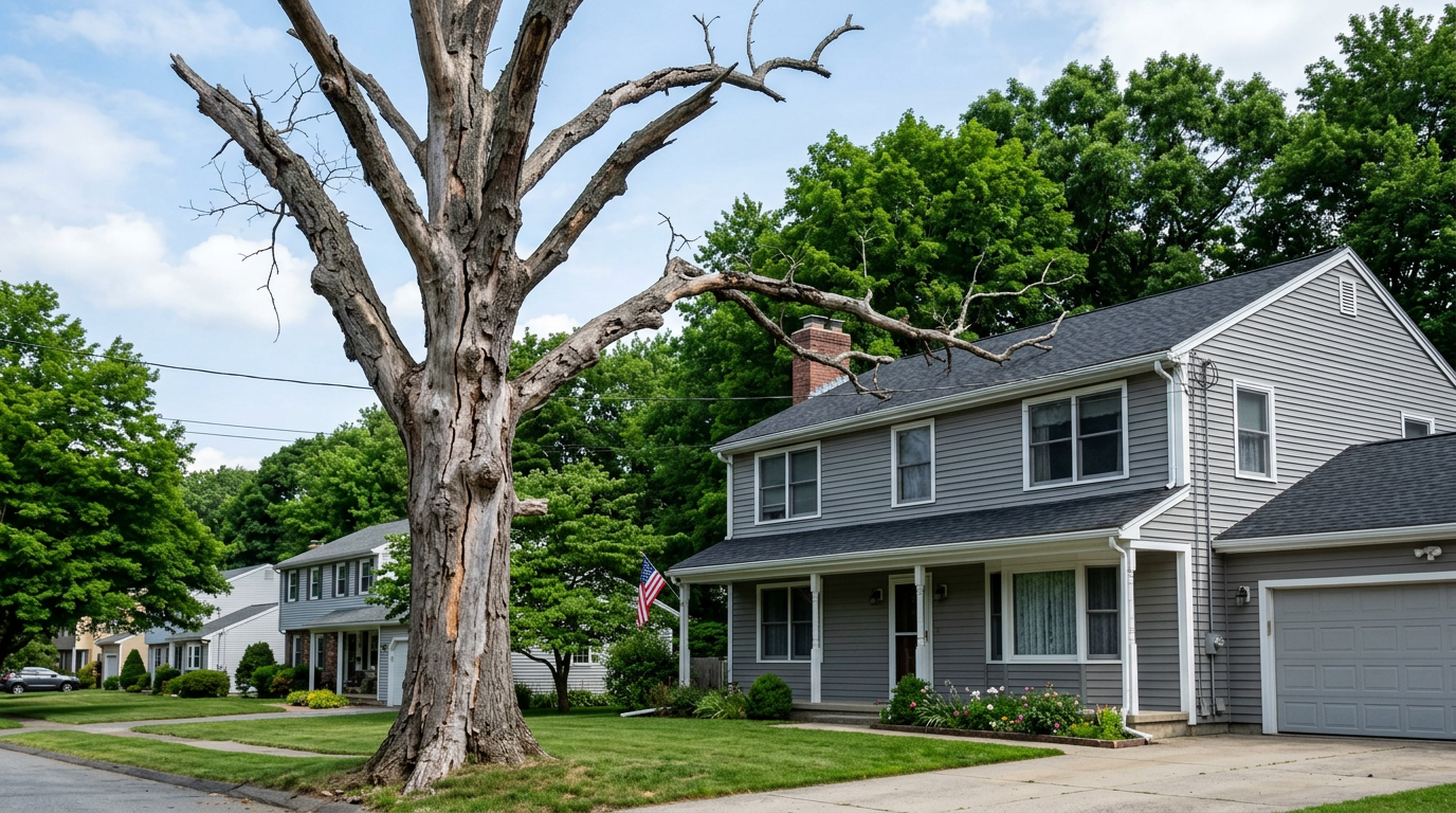 Dead tree threatening Fitchburg home showing structural damage and proximity risk