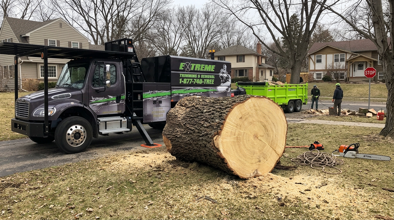 Extreme Tree Service crew operating crane equipment for safe tree removal