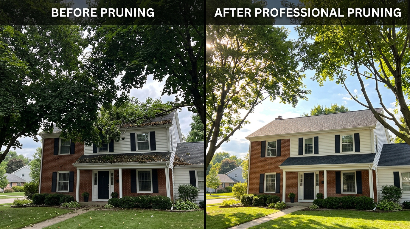 Before and after comparison of tree pruning near Oregon WI home showing proper clearance