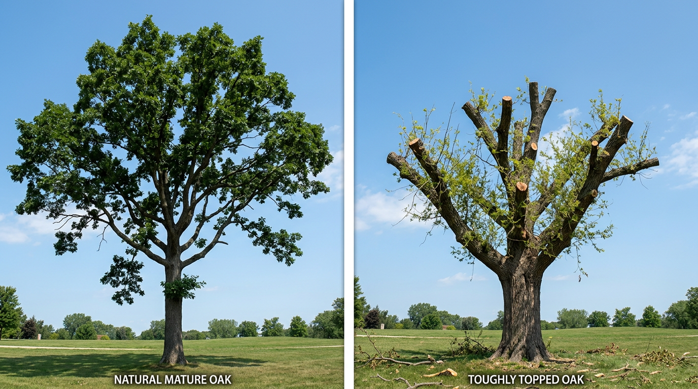 Side-by-side comparison of healthy oak tree versus topped oak tree showing damage from improper pruning Side-by-side comparison of healthy oak tree versus topped oak tree showing damage from improper pruning