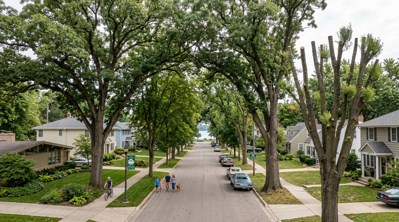 Monona neighborhood street showing mature tree canopy and established community character Monona neighborhood street showing mature tree canopy and established community character