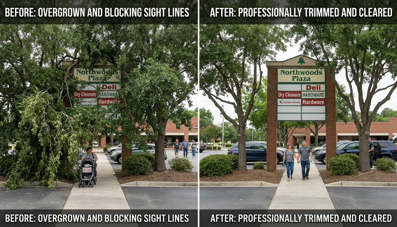 Before and after comparison of parking lot tree trimming showing improved signage visibility and pedestrian clearance Before and after comparison of parking lot tree trimming showing improved signage visibility and pedestrian clearance