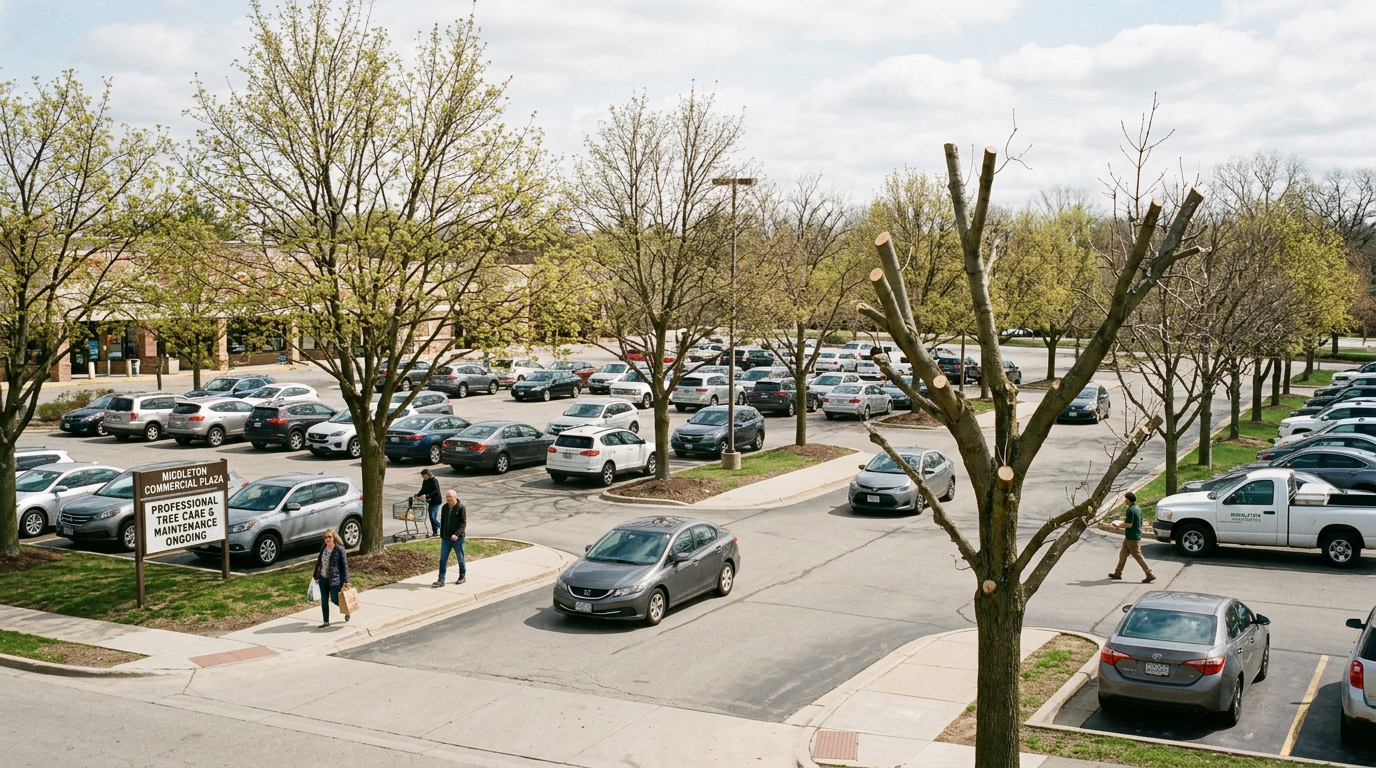 Spring growth in professionally maintained commercial trees showing proper clearance maintenance in Middleton parking areas Spring growth in professionally maintained commercial trees showing proper clearance maintenance in Middleton parking areas