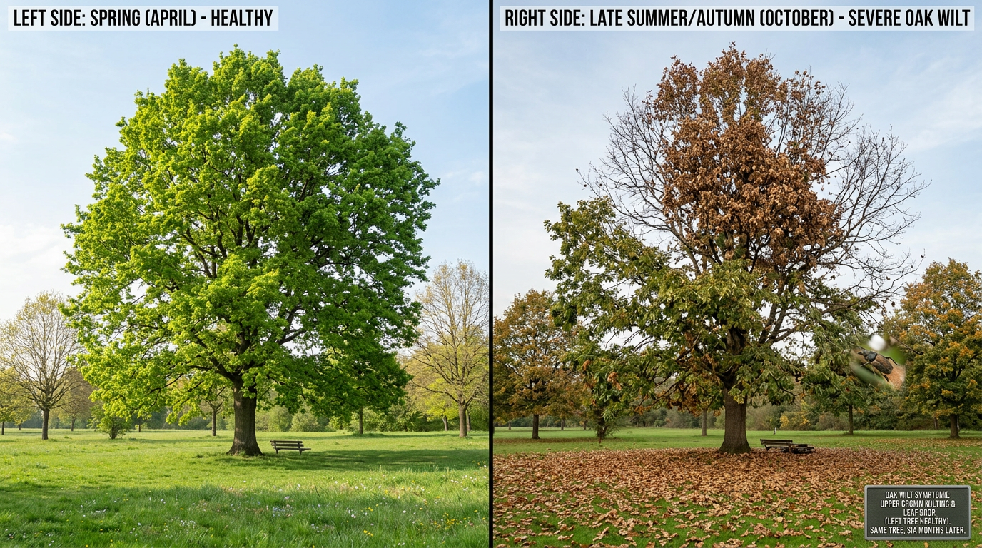 Before and after comparison of oak tree affected by oak wilt disease