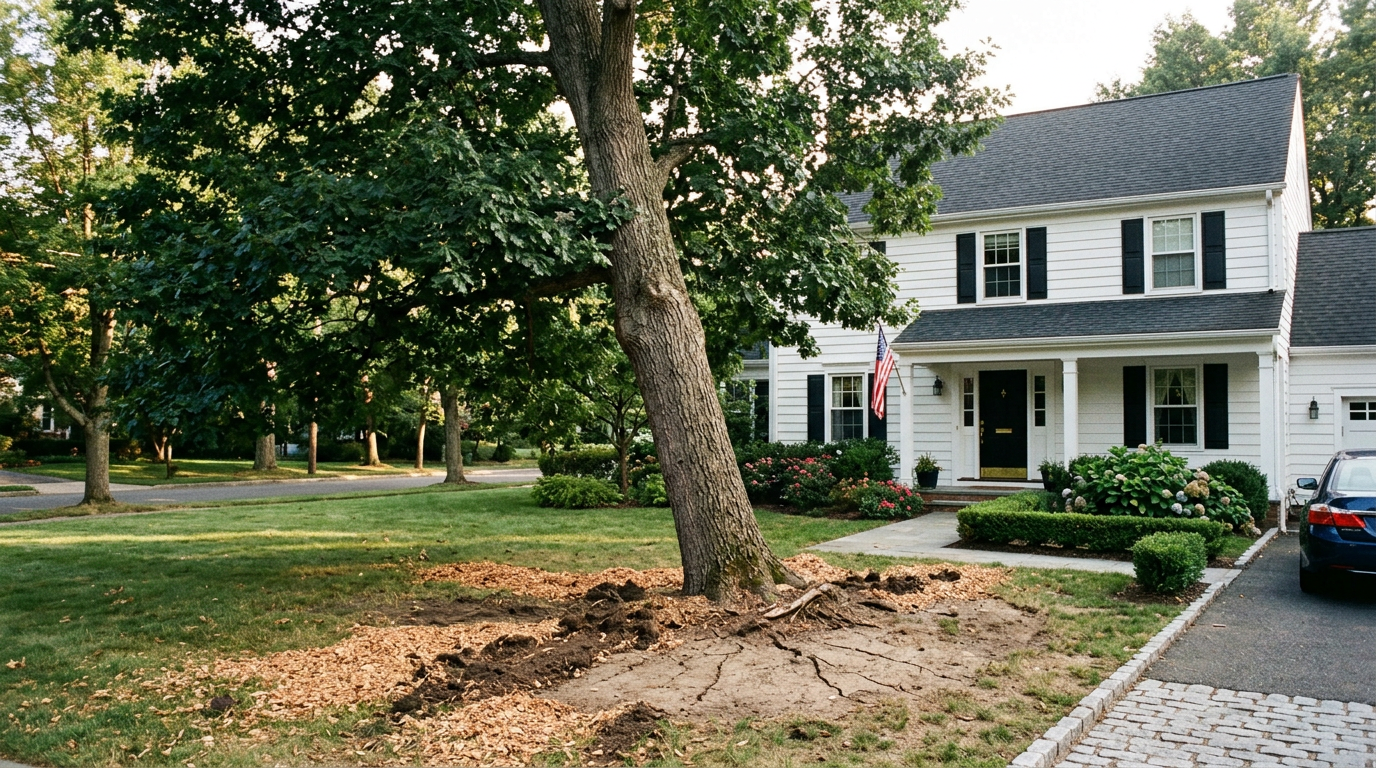 Leaning oak tree showing soil disruption and root exposure near residential home in Poynette Wisconsin