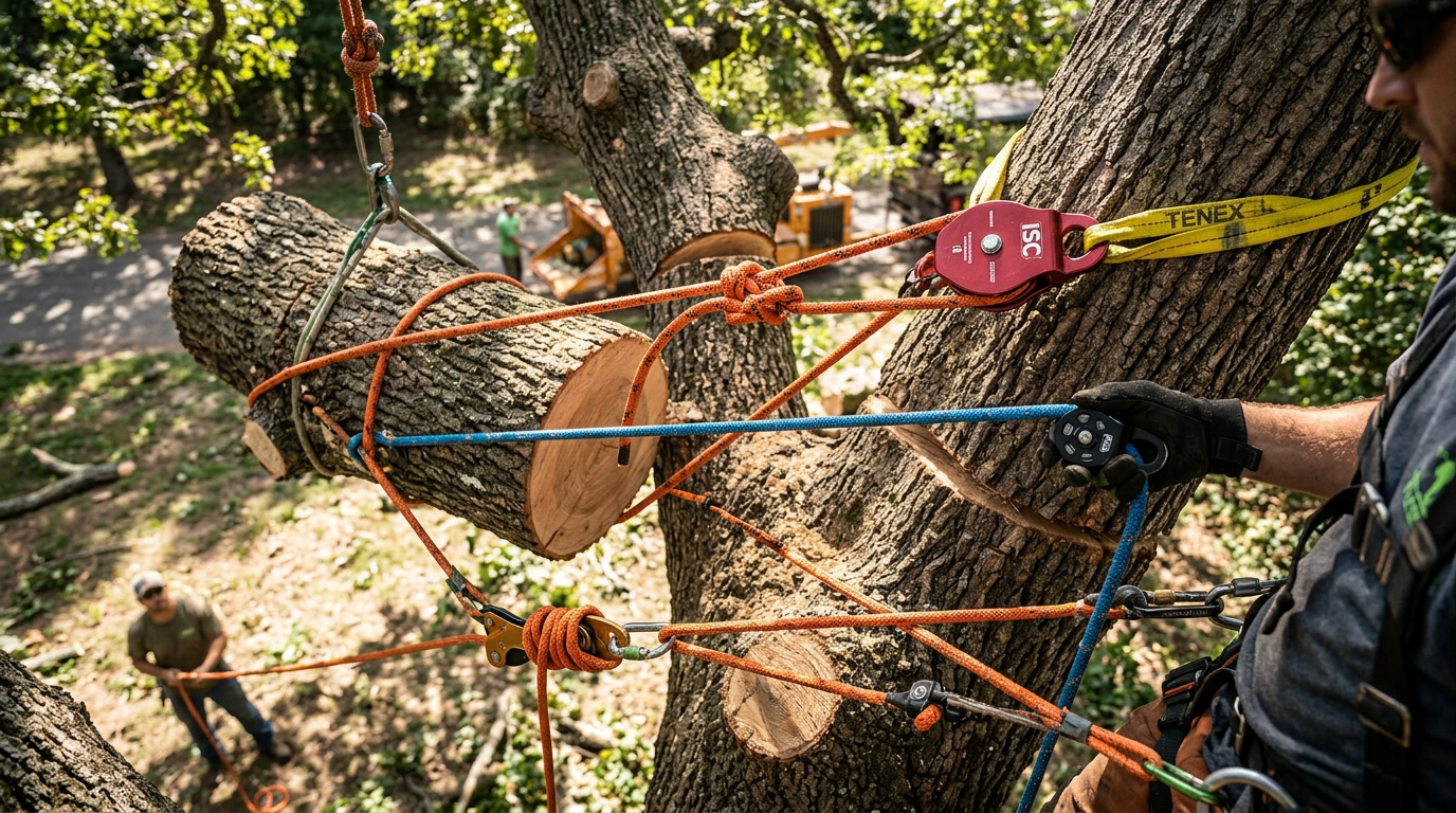 Close-up view of professional rigging equipment and ropes being used to control a large tree section during removal.
