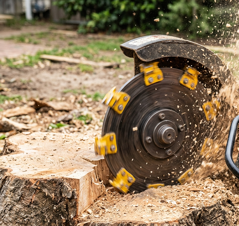 Close-up view of professional stump grinding equipment showing the powerful cutting wheel with sharp carbide teeth actively grinding into wood. Wood chips are flying from the cutting action, and the operator's hands in work gloves are visible controlling the machine with precision and safety.