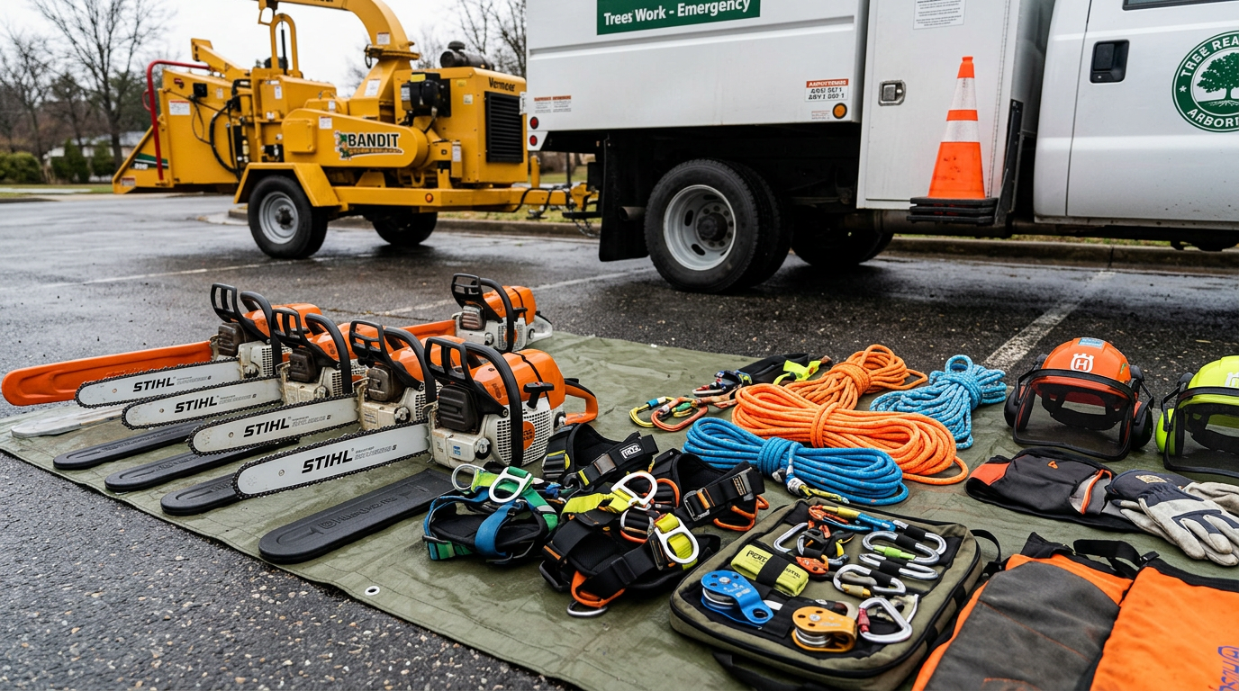 Professional emergency tree removal equipment and safety gear
