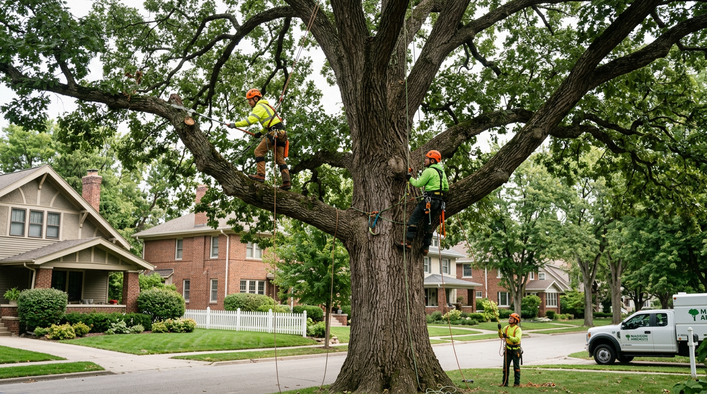 Professional arborists pruning mature oak tree in Madison neighborhood