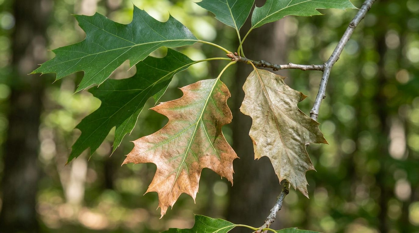 Oak leaves showing early oak wilt disease symptoms