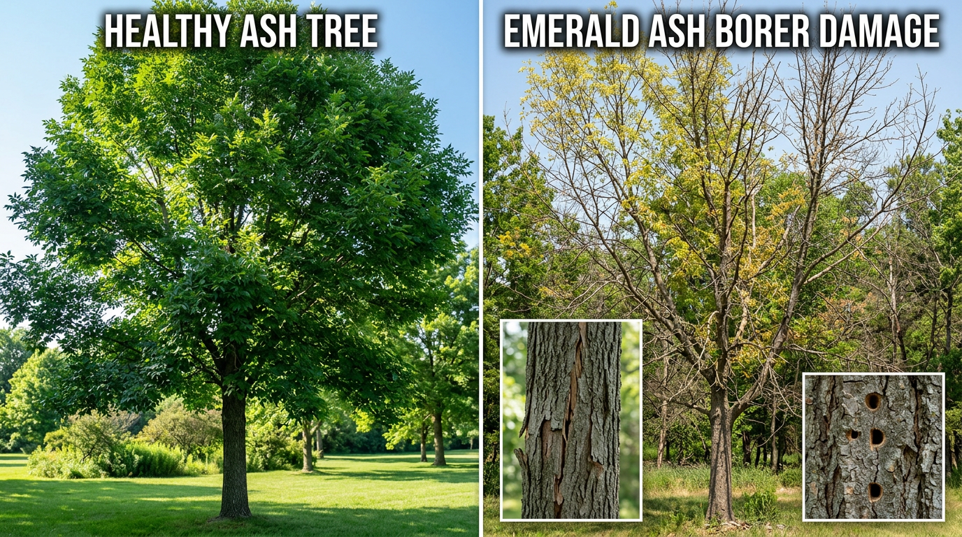 Before and after comparison of ash tree showing healthy canopy versus emerald ash borer damage with sparse leaves and bark damage
