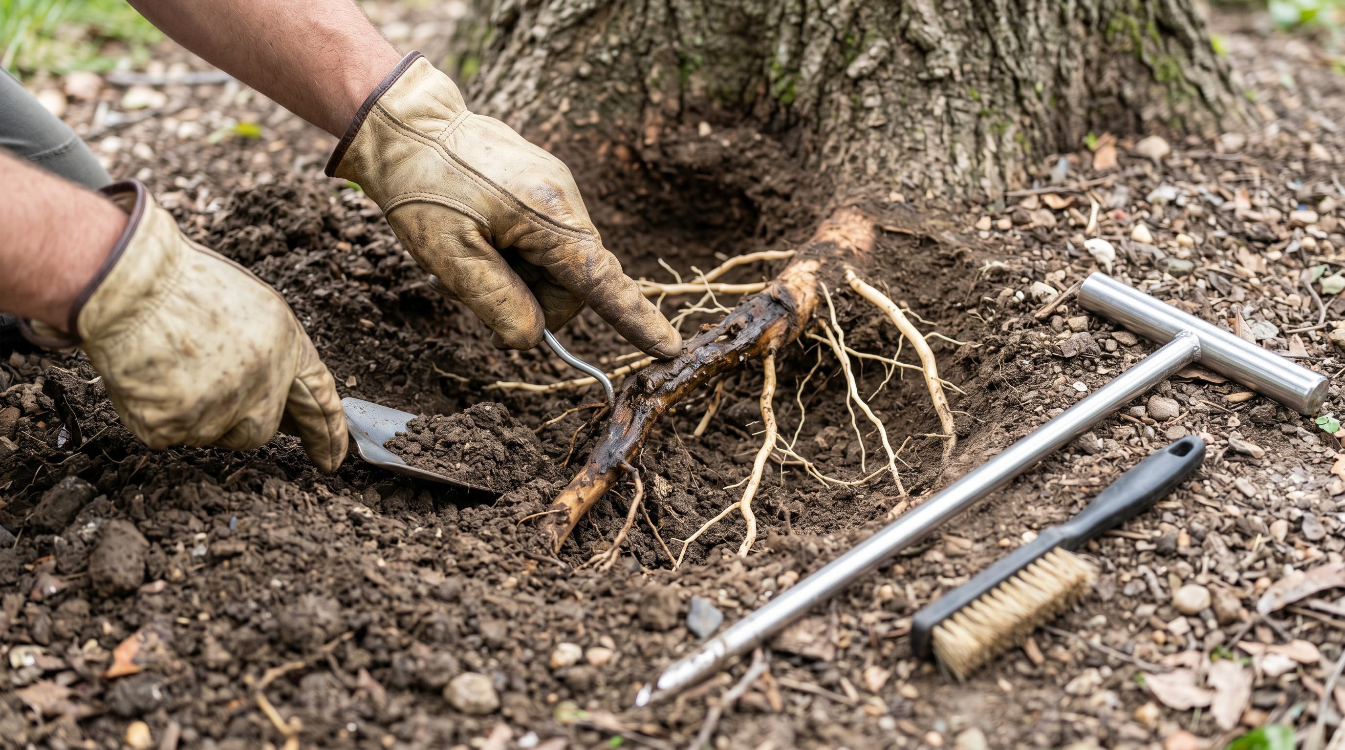 Professional root rot assessment showing diseased and healthy root comparison