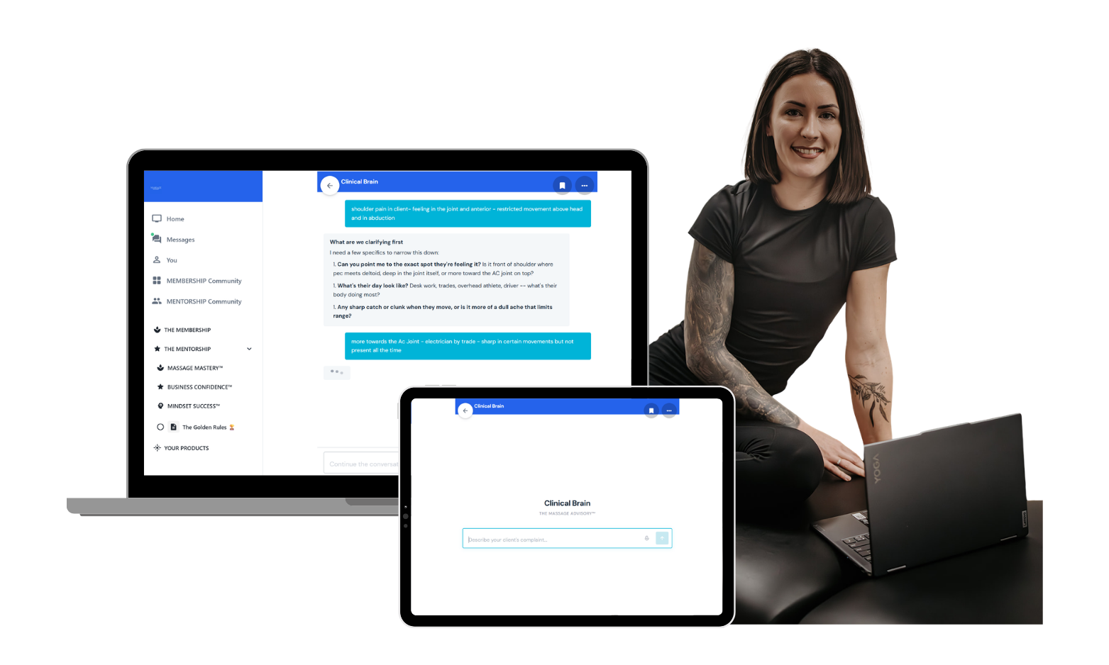 The Clinical Brain open on a laptop and tablet, with Kat working alongside
