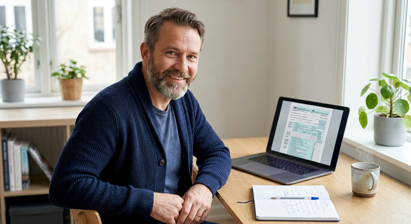 Freelancer at desk reviewing self assessment tax obligations on laptop