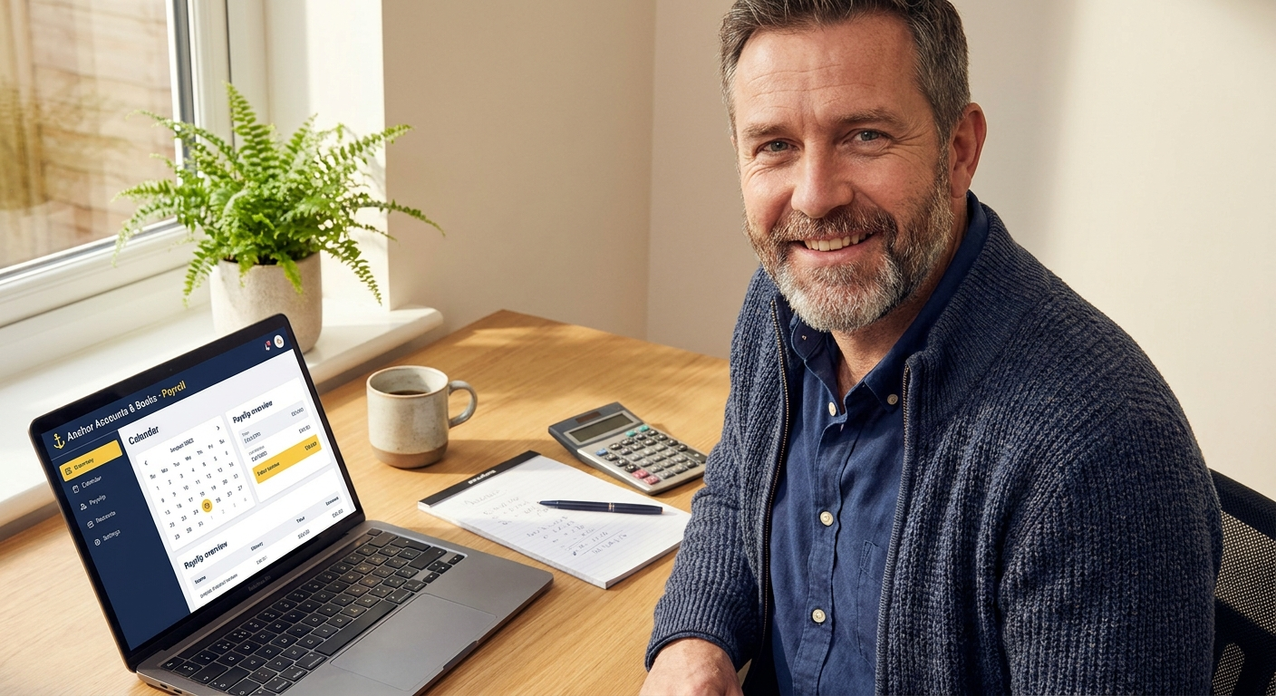 Luke Jackson FMAAT reviewing payroll figures for a small business client at Anchor Accounts and Books
