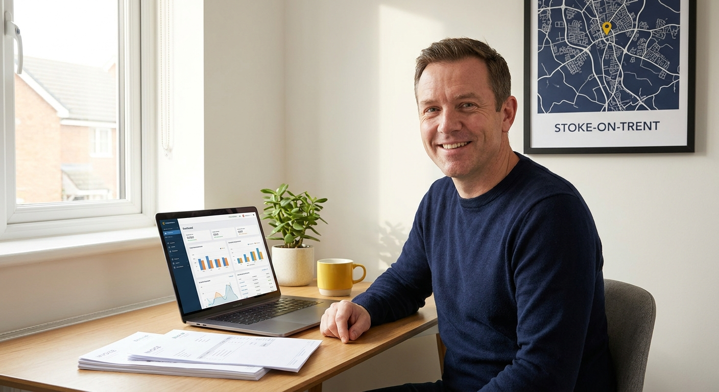 Small business owner reviewing financial records at a desk, illustrating what bookkeeping involves for sole traders and limited companies