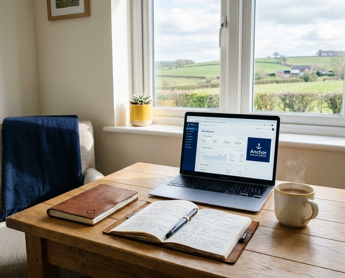 Limited company director at a desk reviewing accounts on a laptop, representing online accounting for limited companies