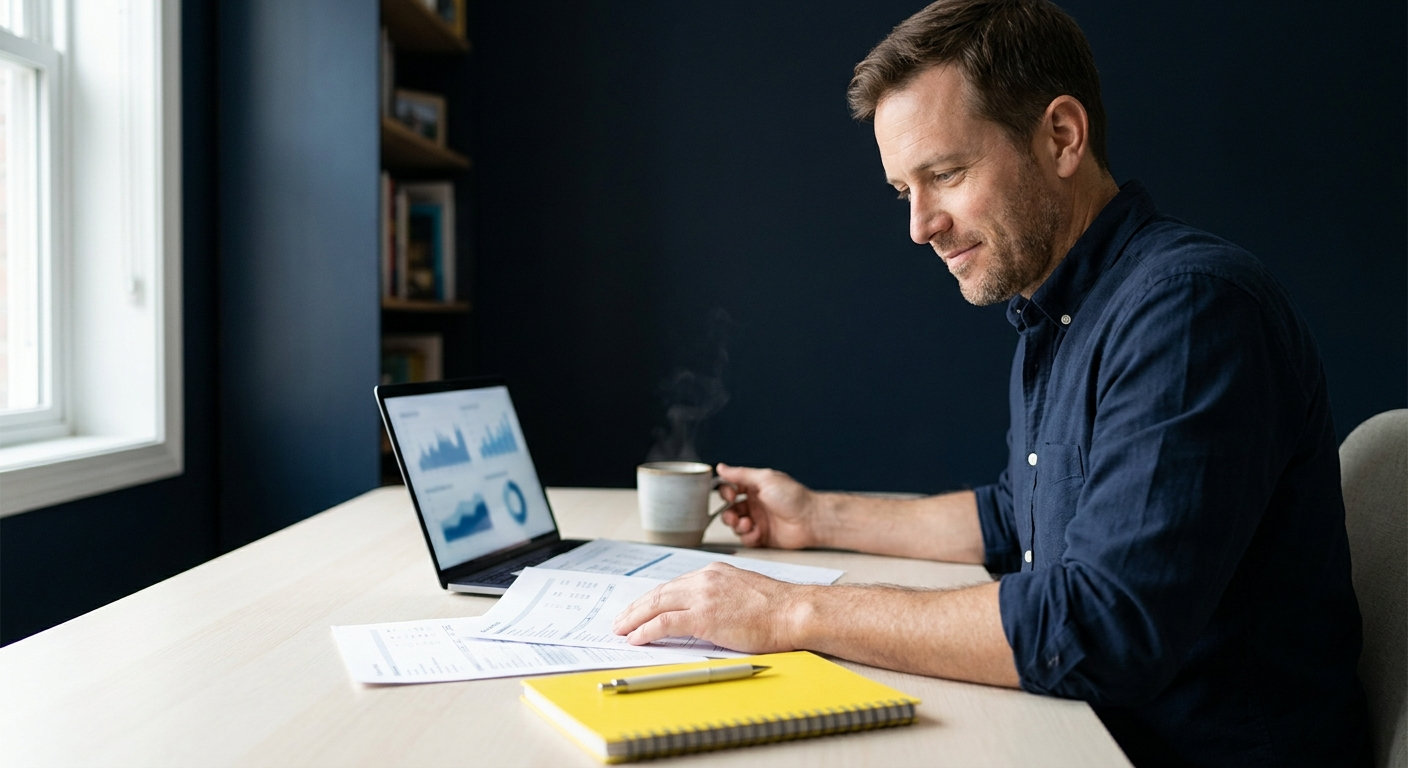 Consultant reviewing accounting records on a laptop, illustrating the guide to accounting for consultants in the UK