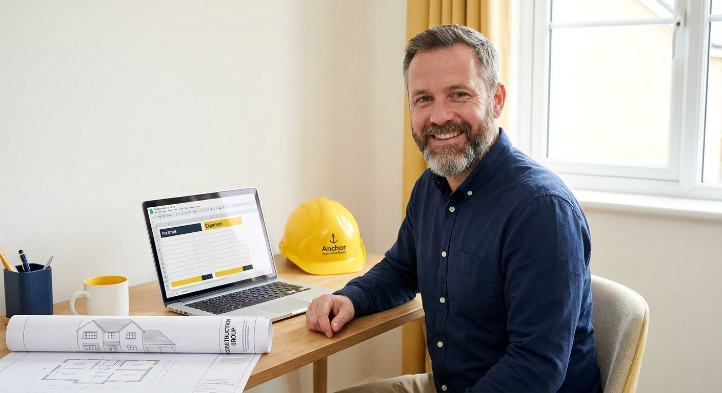 Subcontractor reviewing CIS bookkeeping records on a laptop in a site office