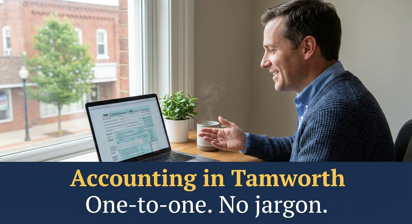 Small business owner at a desk reviewing accounts, representing what to look for when choosing an accountant