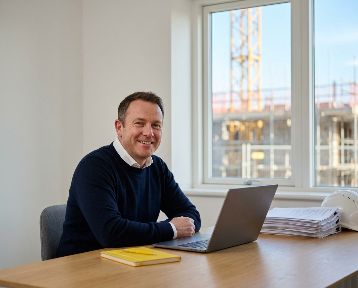 Subcontractor reviewing CIS accounting paperwork at a desk, with a laptop showing cloud accounting software