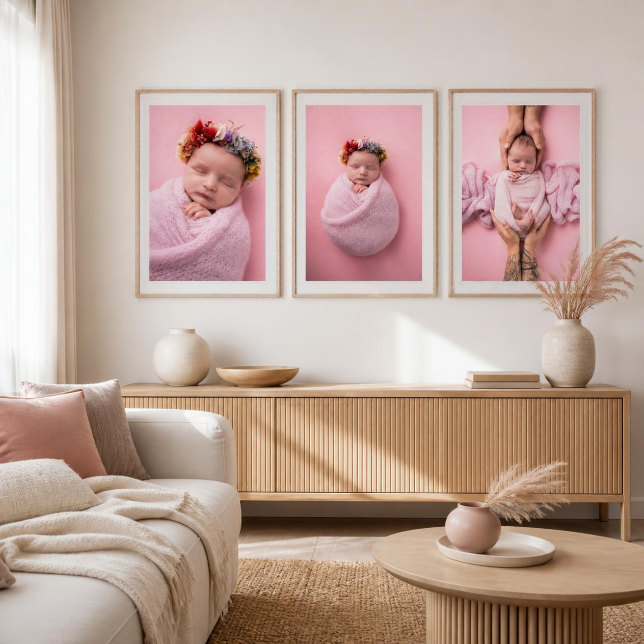 Wohnzimmer mit 3 Baby Bildern an der Wand