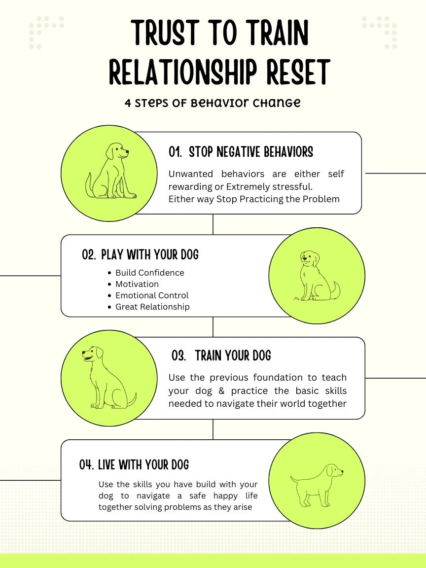 Trust and relationship reset infographic — the foundation of Scoob and I's training approach