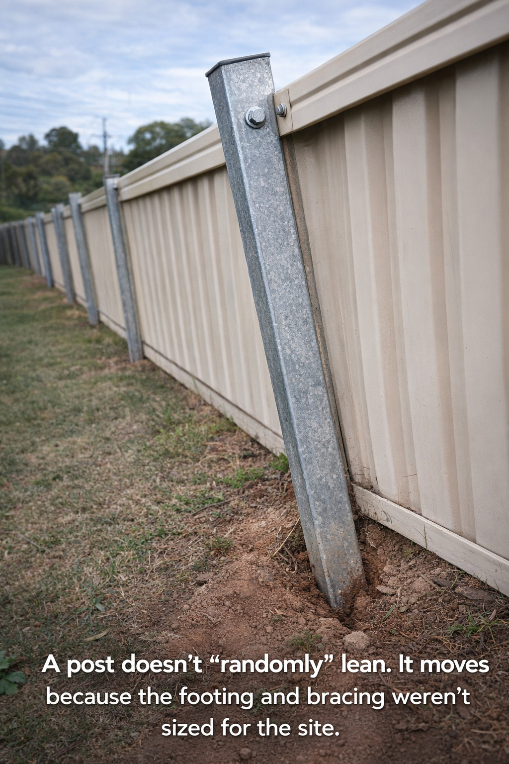 Leaning fence post showing early movement at the base and misalignment along the fence line Leaning fence post showing early movement at the base and misalignment along the fence line