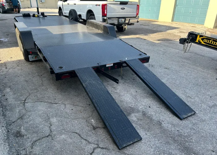 21 ft car hauler trailer with built-in loading ramps, perfect for vehicle transport