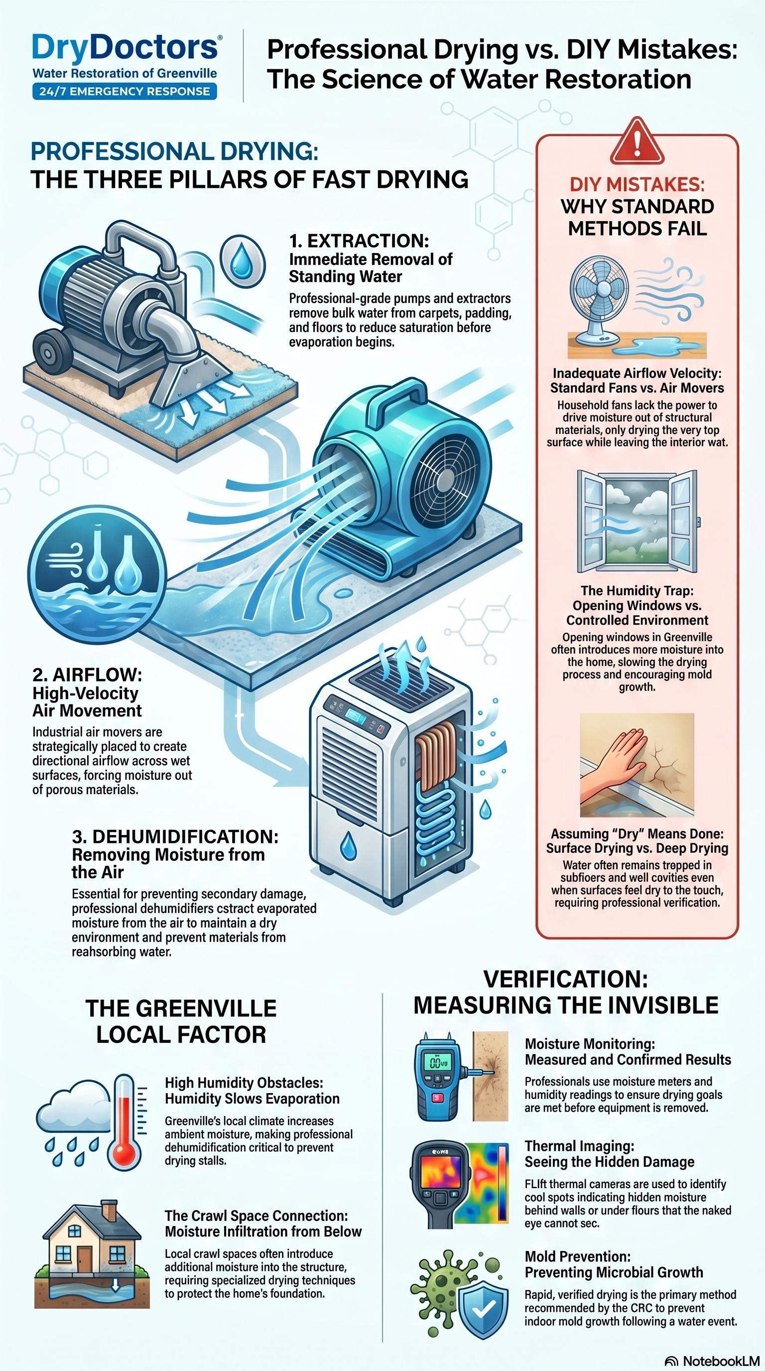 Infographic by DryDoctors Water Restoration of Greenville describing What Dries Up Water Quickly After Water Damage in Greenville, SC? 