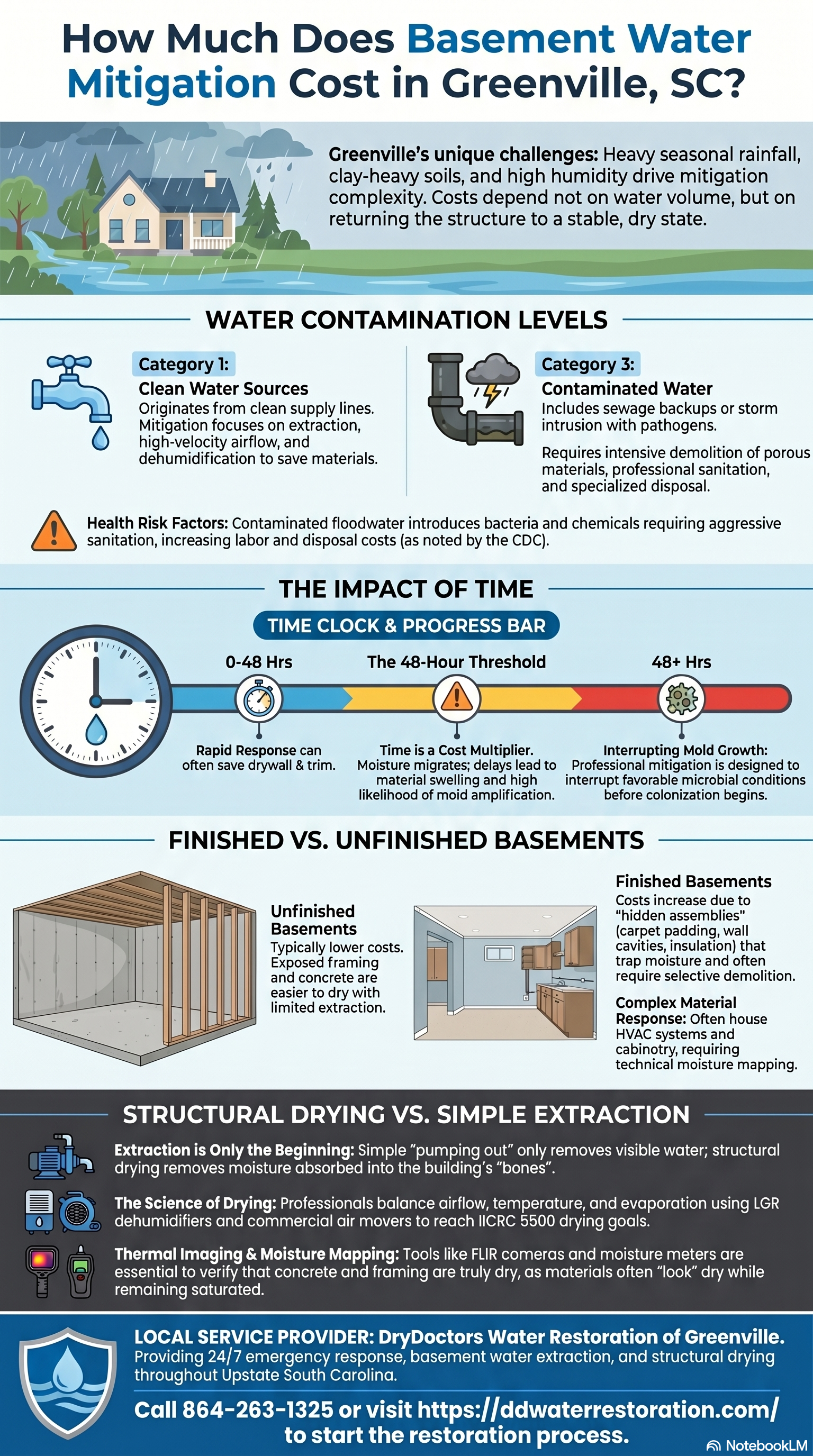 Infographic for DryDoctors Water Restoration of Greenville blog post How Much Does Basement Water Mitigation Cost in Greenville, SC