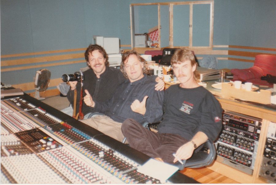 David Gilmour giving a thumbs-up beside Buford Jones at the console at Abbey Road Studios