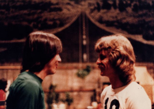 Jackson Browne and Buford Jones talking during the 1980 tour