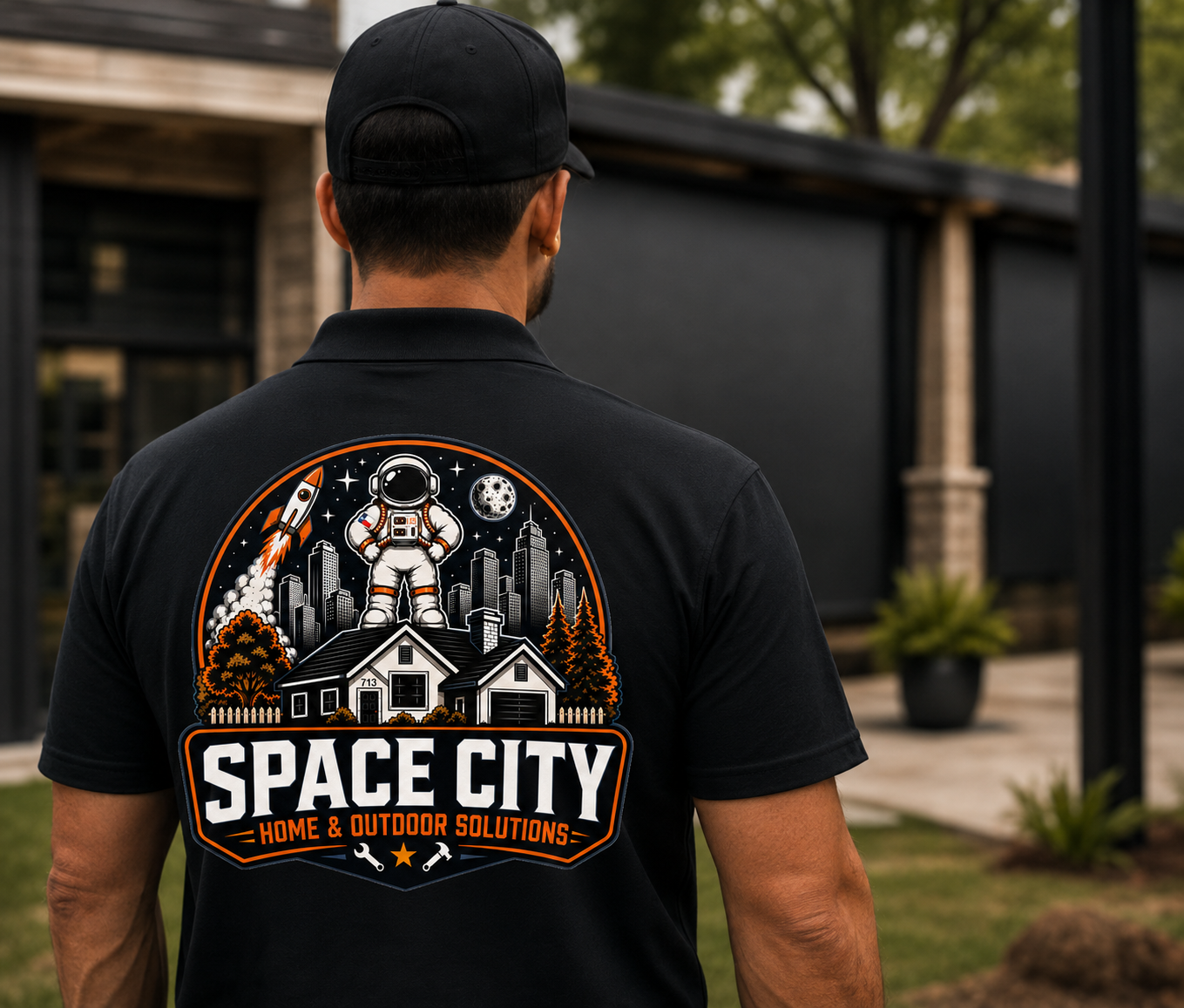 Space City crew member from behind, wearing a black polo with the full Space City Home & Outdoor Solutions badge, on a covered patio