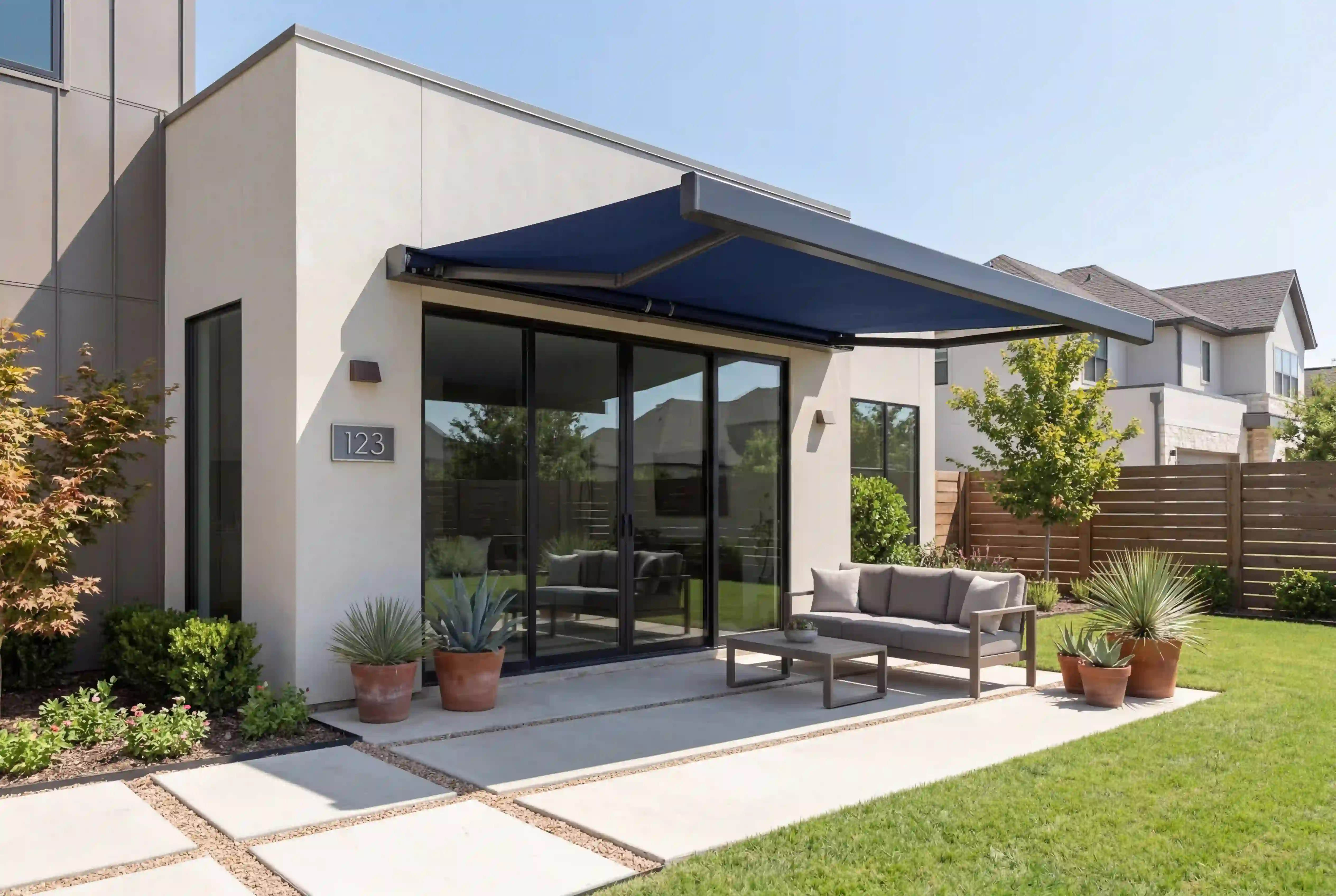 Modern stucco home with a navy full-cassette awning extended over the patio