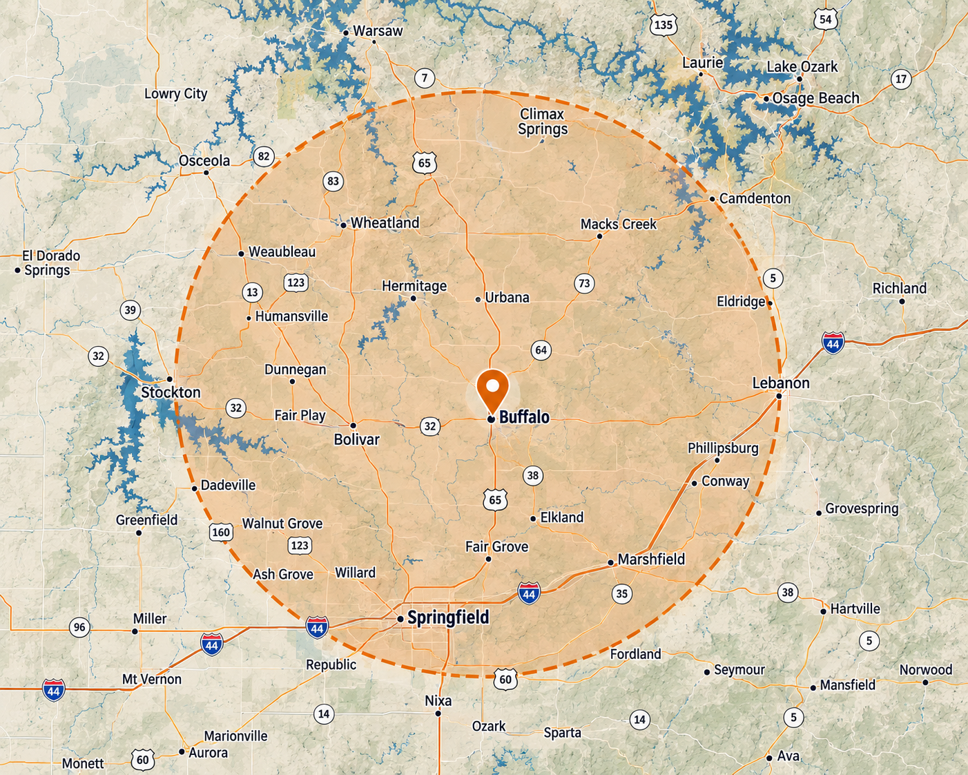 Byler's Home Services service area centered on Buffalo, Missouri