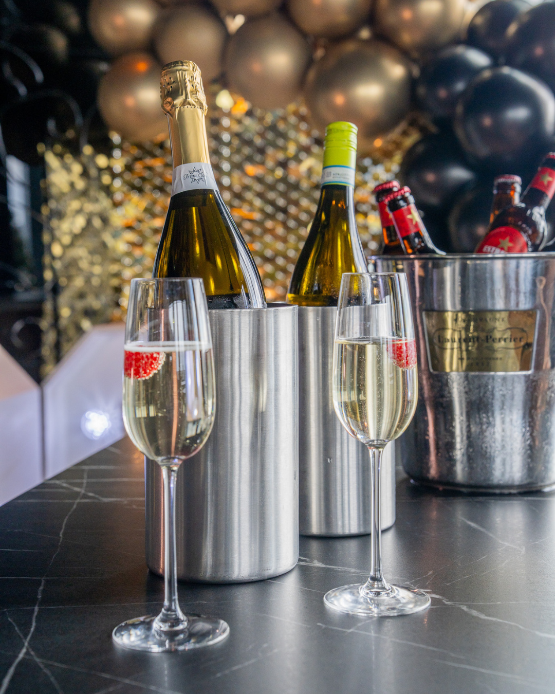 Celebration table set for a graduation at 3Sixty with the Newcastle skyline