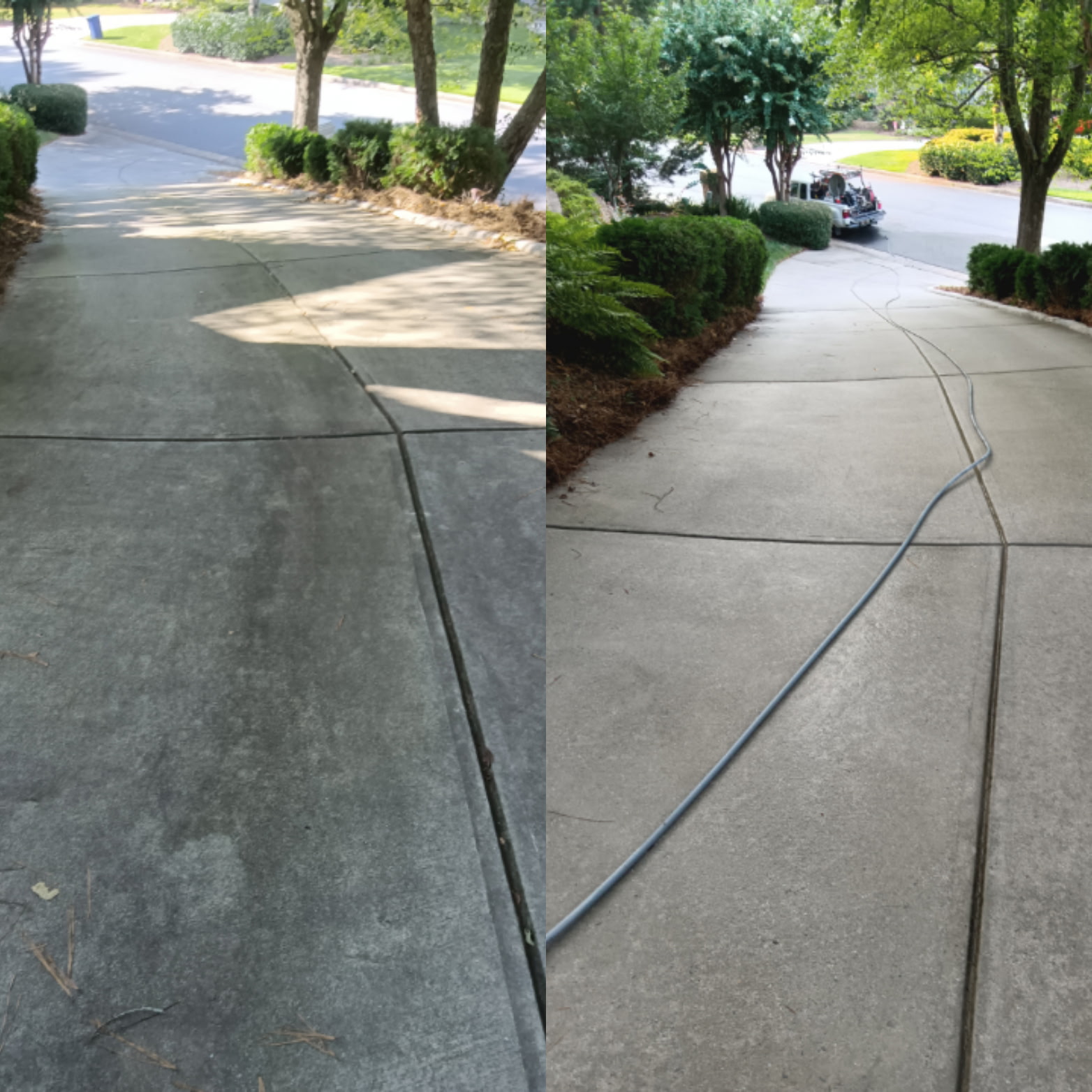 Before and after winding tree-lined driveway pressure washing in Ball Ground GA