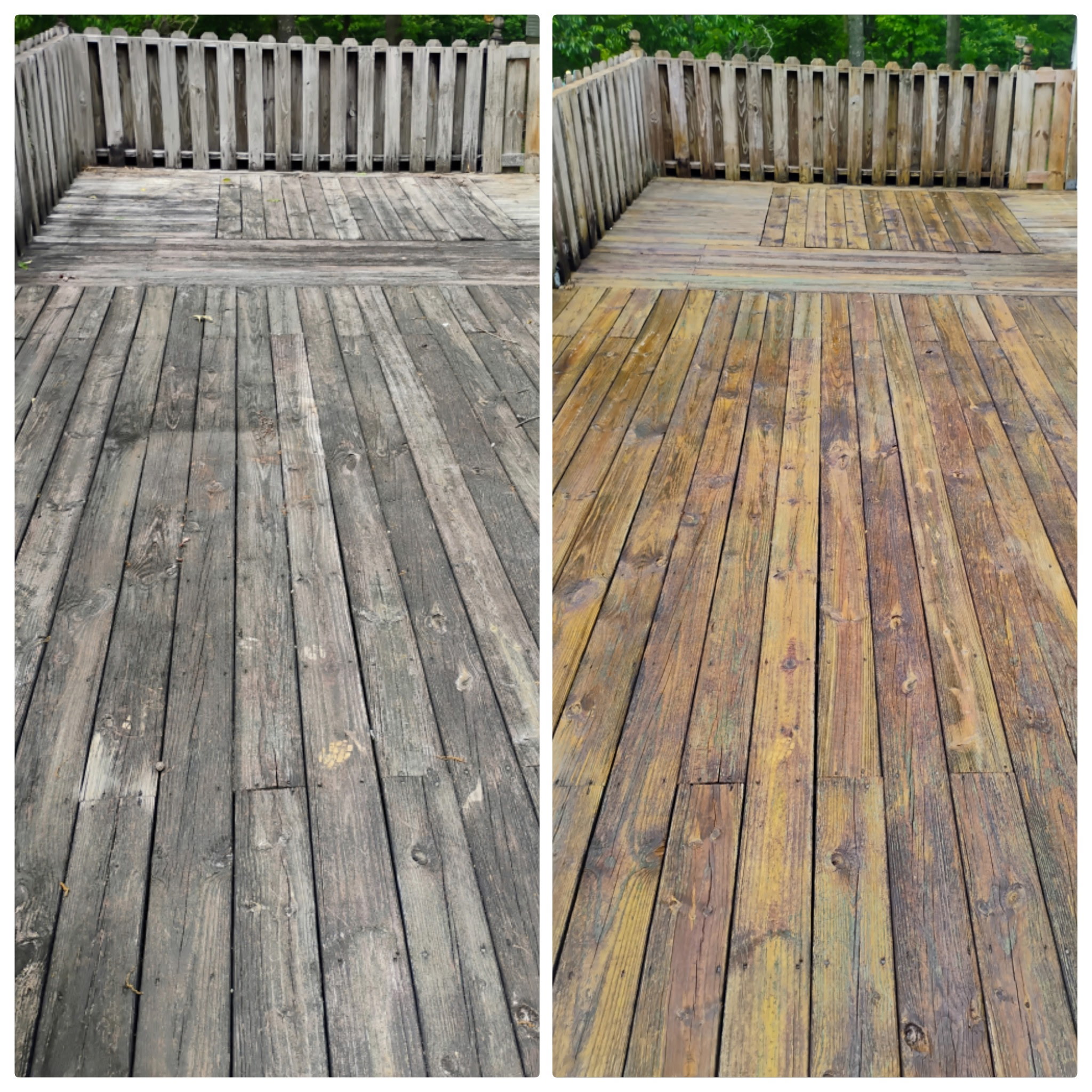 Before and after deck railing cleaning in Canton GA showing green algae removed and natural wood color restored
