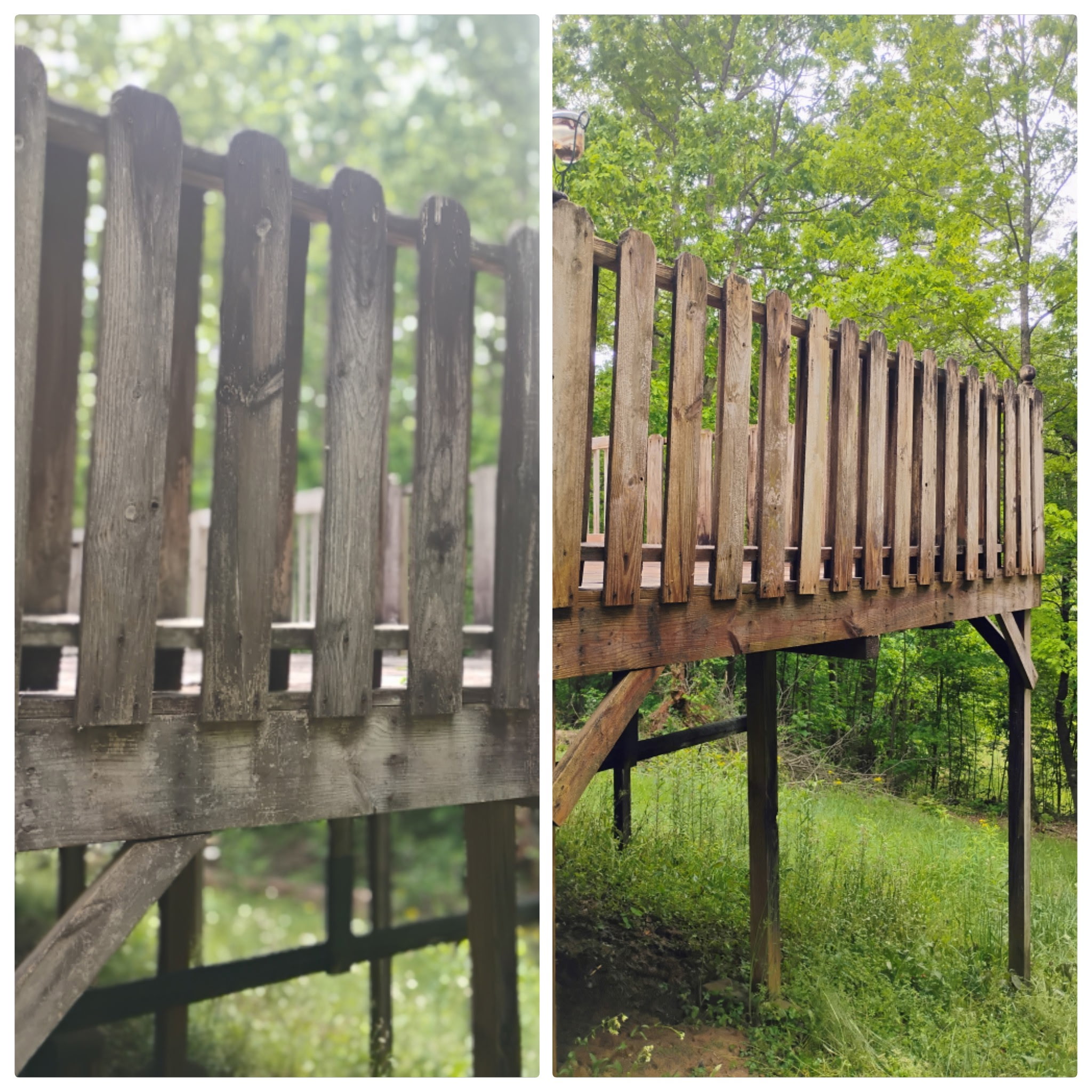 Large wood deck floor before and after pressure washing in Canton GA - grey weathered boards restored to natural warm wood color